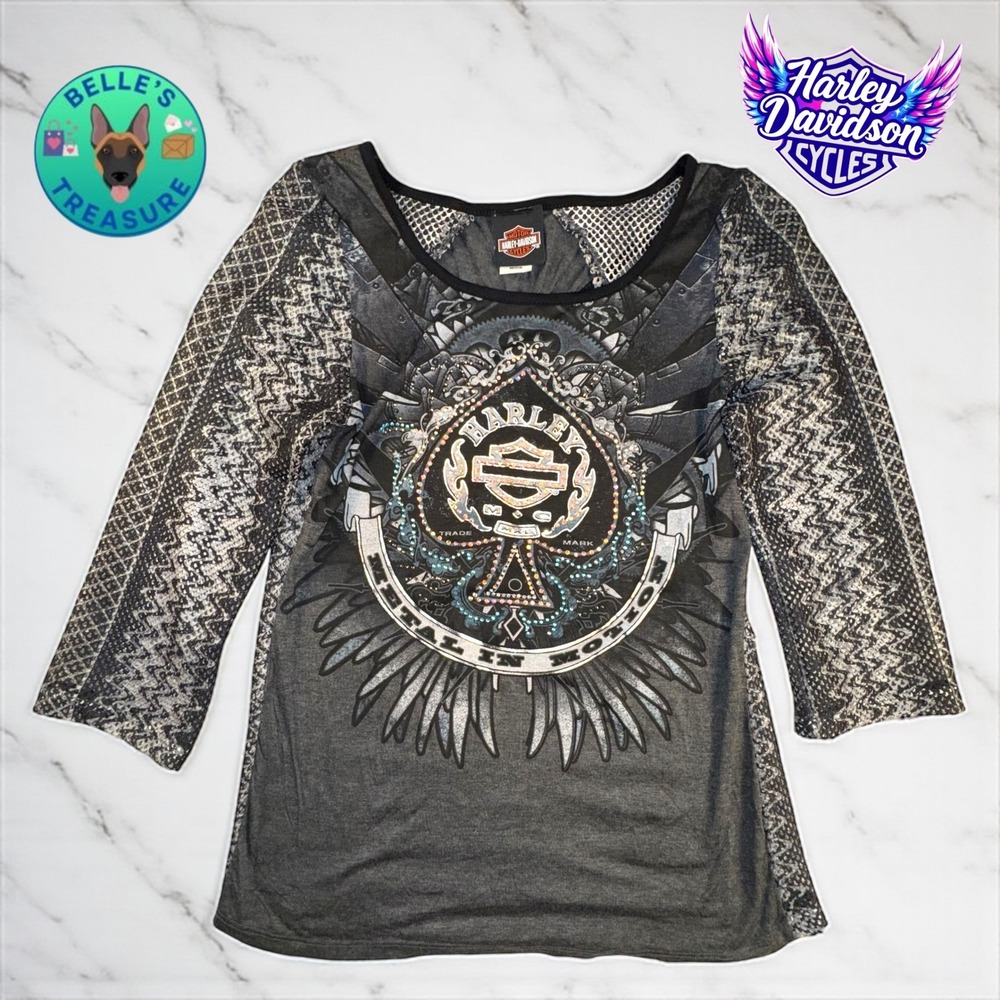 Harley Davidson Shirt Women's Medium Rhinestone Gray Top‎ Biker  Y2K Sexy Mesh